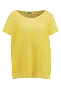 Žlutý žebrovaný pletený top s širokým kulatým výstřihem a krátkými rukávy, který má volný střih a hladkou texturu.