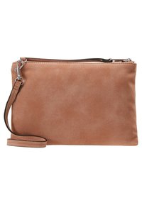 Brązowa kopertówka z sztucznego zamszu z zapięciem na zamek, regulowanym paskiem i miękką fakturą. Kompaktowy prostokątny kształt o minimalistycznym designie.