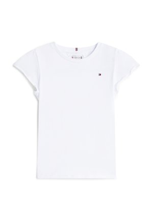 Hvit bomulls-T-skjorte med korte, vidt utstående ermer. Har en liten rød og blå logo på brystet. Enkelt, klassisk design.