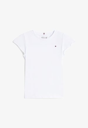 Biały bawełniany T-shirt z krótkimi, rozkloszowanymi rękawami. Na piersi znajduje się małe czerwono-niebieskie logo. Prosty, klasyczny design.