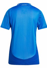 Sininen urheilujersey, jossa on lyhyet hihat. Ominaisuuksiin kuuluu pyöreä pääntie, sileä pinta ja hillitty pystysuora raidallinen kuvio. Näkyy takanäkymä.