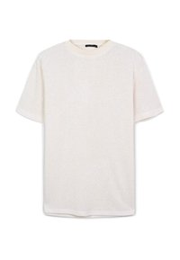 T-shirt a maniche corte in bianco, realizzato con un tessuto testurizzato e un collo a girocollo ribattuto. Taglio dritto e vestibilità rilassata lungo l'orlo.