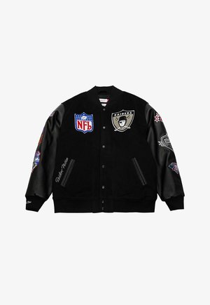 Black varsity jacket with embroidered NFL and Raiders logos, leather sleeves, snap buttons, side pockets, and multiple patches on sleeves.