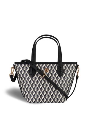 Tote bag with black leather accents, geometric pattern in black, white, and gray, dual handles, adjustable shoulder strap, gold hardware detail.