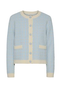 Woven kardigan w jasnoniebieskim i kremowym kolorze, z motywem kratki, długimi rękawami, okrągłym dekoltem oraz sześcioma jasnoniebieskimi guzikami i kieszeniami.