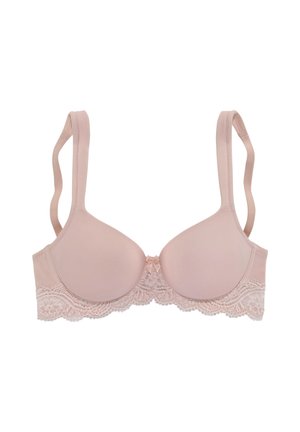 Beige gepolsterter BH mit Spitzenkante, verstellbaren Trägern und einem kleinen Schleifendetail in der Mitte vorne. Glatte Textur und strukturierte Form.