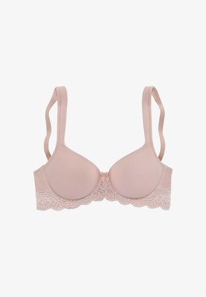 Beige gepolsterter BH mit Spitzenkante, verstellbaren Trägern und einem kleinen Schleifendetail in der Mitte vorne. Glatte Textur und strukturierte Form.