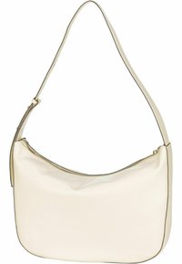 Borsa a spalla crema realizzata in tessuto morbido, con una forma curva e una chiusura con zip dorata sulla parte superiore. Accentuata da una sottile tracolla.