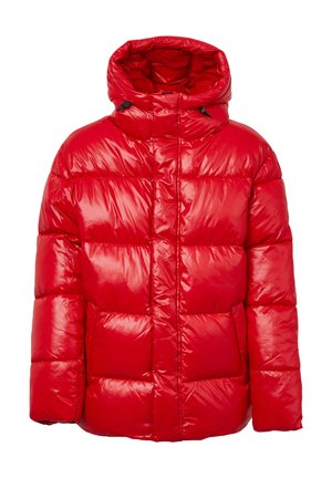Rote Pufferjacke mit glänzender Oberfläche, ausgestattet mit einem hohen Kragen, Kapuze und einem strukturierten, rechteckigen Steppmuster. Enthält Reißverschlussverschlüsse.
