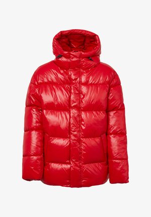 Red puffer jacket with a glossy finish, featuring a high collar, hood, and structured rectangular quilted design. Includes zipper closures.