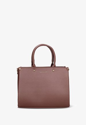 Sac à main marron en cuir synthétique texturé avec deux poignées supérieures, ferrures dorées et compartiment principal zippé. Logo de la marque à l'avant.