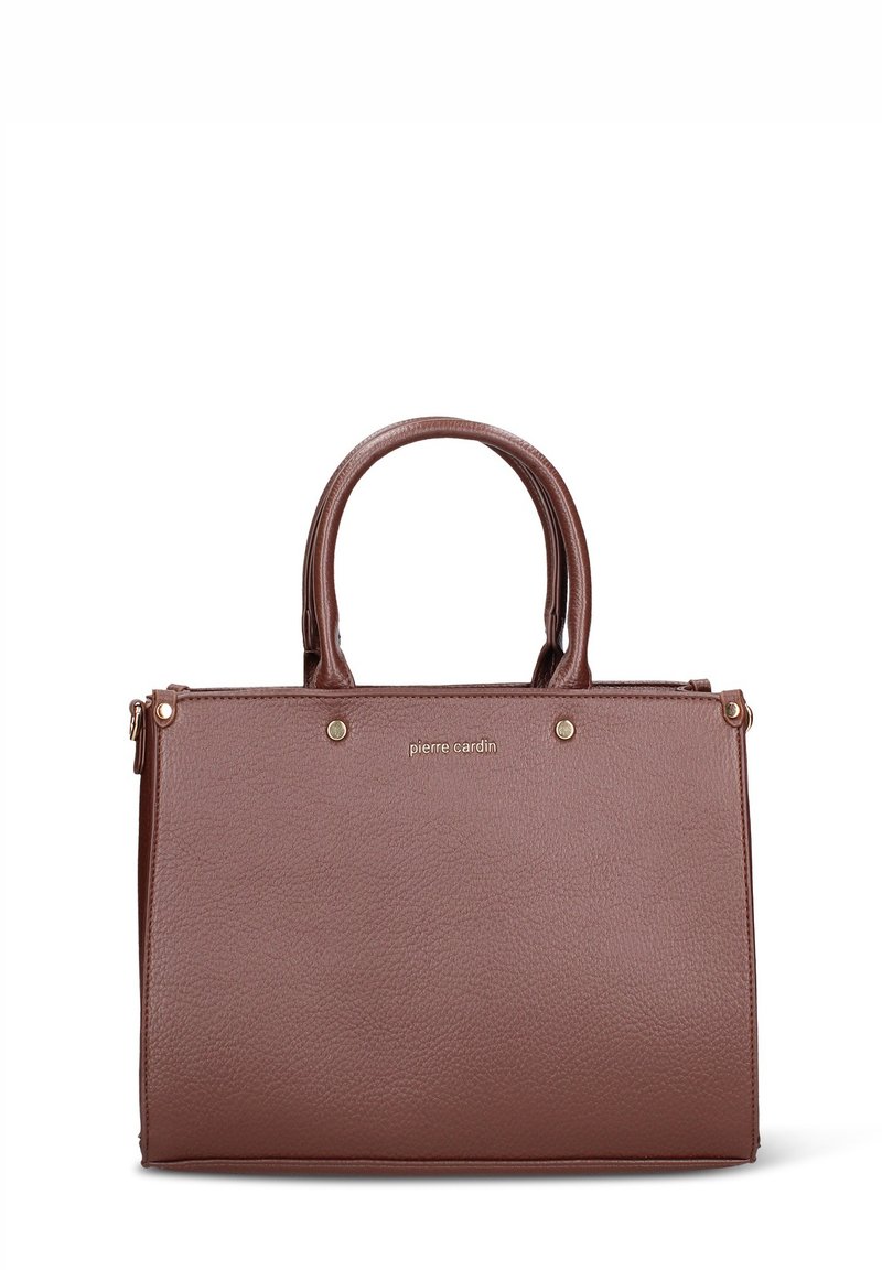 Bruine handtas van gestructureerd kunstleer met dubbele bovenhandvatten, metalen hardware in goudkleur en een hoofdvak met ritssluiting. Merkembleem aan de voorkant.