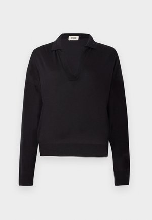 Black long-sleeve sweater with deep V-neck collar and ribbed cuffs and hem, displayed on a plain white background.