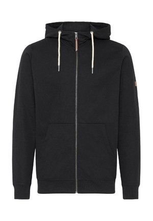 Schwarze zip-up Kapuzenjacke aus weichem Stoff, mit gefütterter Kapuze, Kordelzügen, Fronttaschen und gerippten Bündchen und Saum.