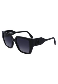 Black sunglasses feature a square shape with gradient gray lenses. The plastic frames have angular accents, and the temple displays a logo detail.