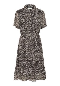 Leopardi mustriga särgidress lühikeste varrukatega, nööpidega esiosaga, nööriga taljes ja laiendatud hemiga. Valmistatud kergest, läbipaistvast kangast.