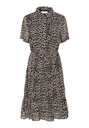 Leopardų rašto marškinių suknelė su trumpomis rankovėmis, mygtukų uždarymu priekyje, juosmens raiščiu ir plazdančia apatine dalimi. Pagaminta iš lengvos, skaidrios medžiagos.