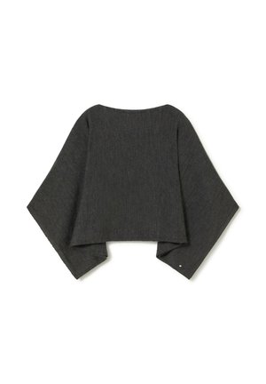 Dark gray cropped top with wide sleeves, made from a textured fabric. Features a rounded neckline and an asymmetrical hemline.