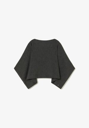 Dark gray cropped top with wide sleeves, made from a textured fabric. Features a rounded neckline and an asymmetrical hemline.