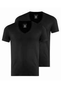 Schwarze V-Ausschnitt-T-Shirts, mit kurzen Ärmeln, aus glattem Stoff. Das Set umfasst zwei identische Shirts mit einer regulären Passform und minimalistischer Gestaltung.