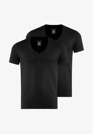 Schwarze V-Ausschnitt-T-Shirts, mit kurzen Ärmeln, aus glattem Stoff. Das Set umfasst zwei identische Shirts mit einer regulären Passform und minimalistischer Gestaltung.