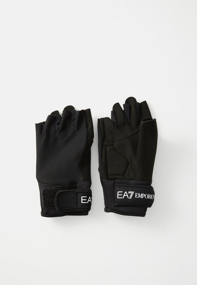 Black fitness gloves featuring a textured material, short fingers, Velcro wrist closure, and logo detail on the cuff.