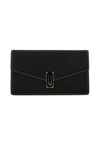 Pochette rettangolare in pelle nera texturizzata con cuciture bianche e chiusura con fermaglio color oro, fotografata su sfondo bianco.
