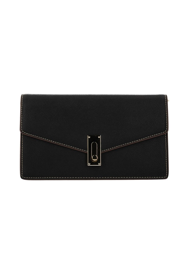 Pochette rettangolare in pelle nera texturizzata con cuciture bianche e chiusura con fermaglio color oro, fotografata su sfondo bianco.