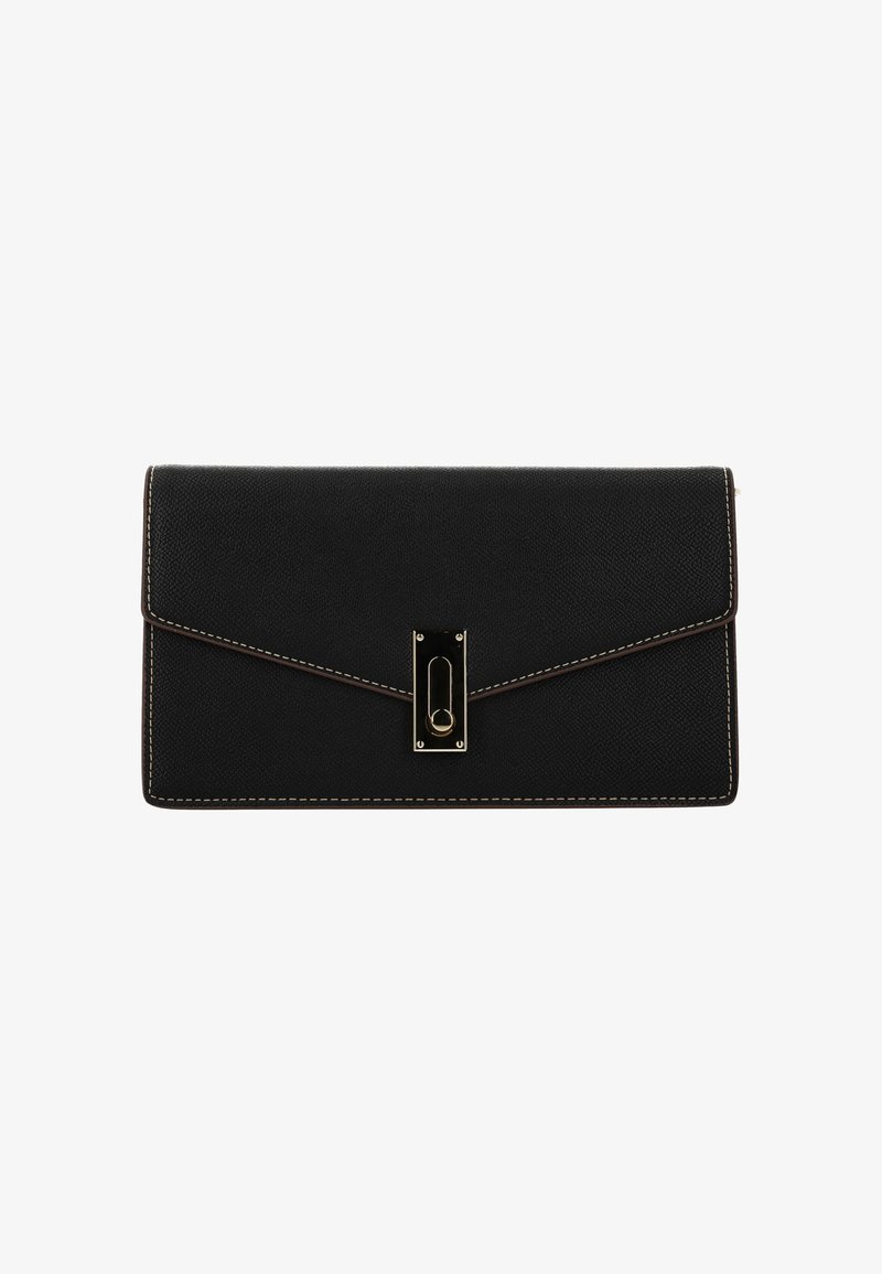 Pochette rettangolare in pelle nera texturizzata con cuciture bianche e chiusura con fermaglio color oro, fotografata su sfondo bianco.