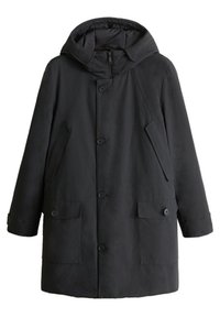 Abrigo largo de invierno negro con capucha, cremallera frontal cubierta por solapa abotonada, dos bolsillos laterales y dos bolsillos inferiores grandes con botones.