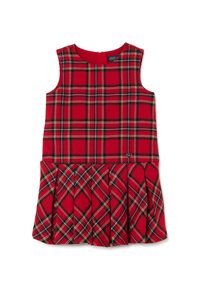 Rotes Karokleid mit ärmellosem Design und plissiertem Rock. Der Stoff hat eine weiche Textur, akzentuiert mit gelben und schwarzen Linien.