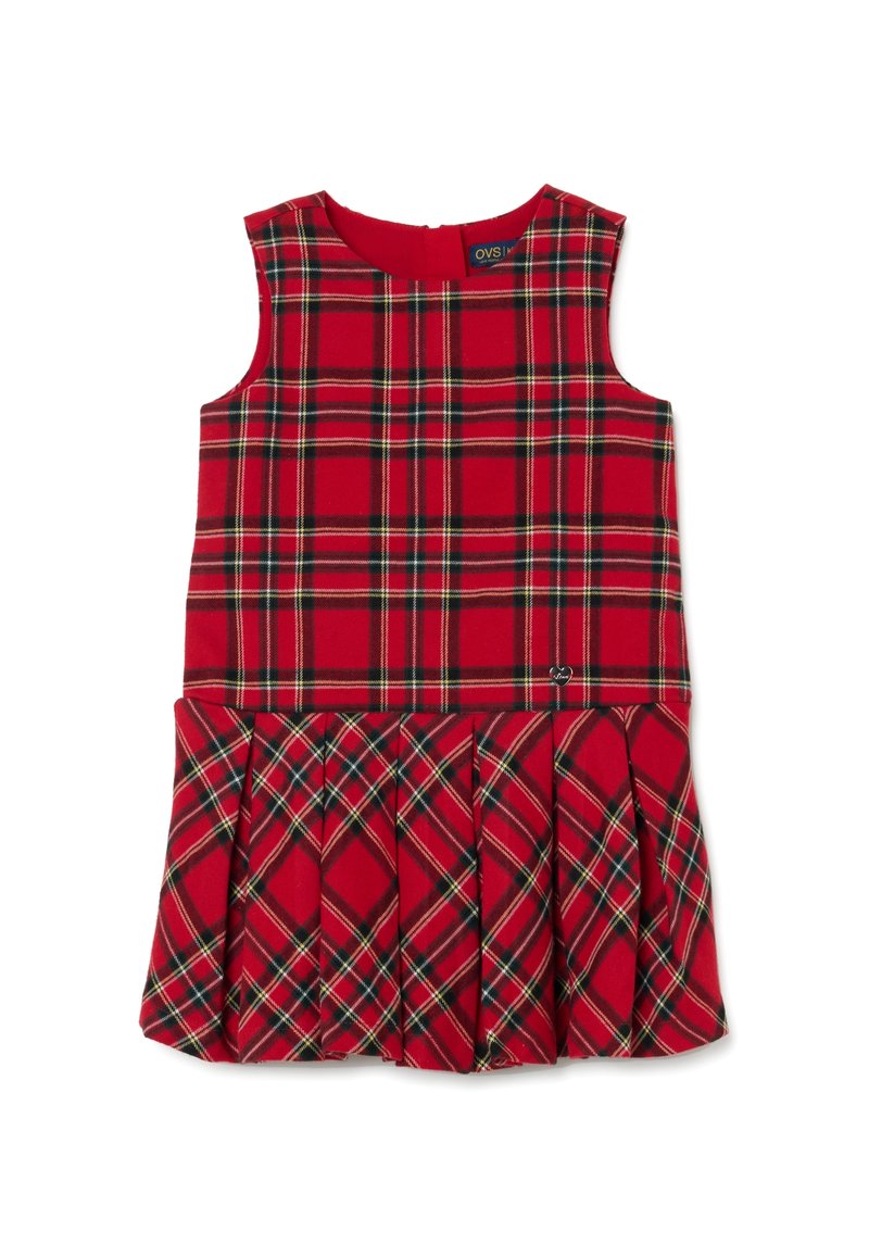 Rotes Karokleid mit ärmellosem Design und plissiertem Rock. Der Stoff hat eine weiche Textur, akzentuiert mit gelben und schwarzen Linien.