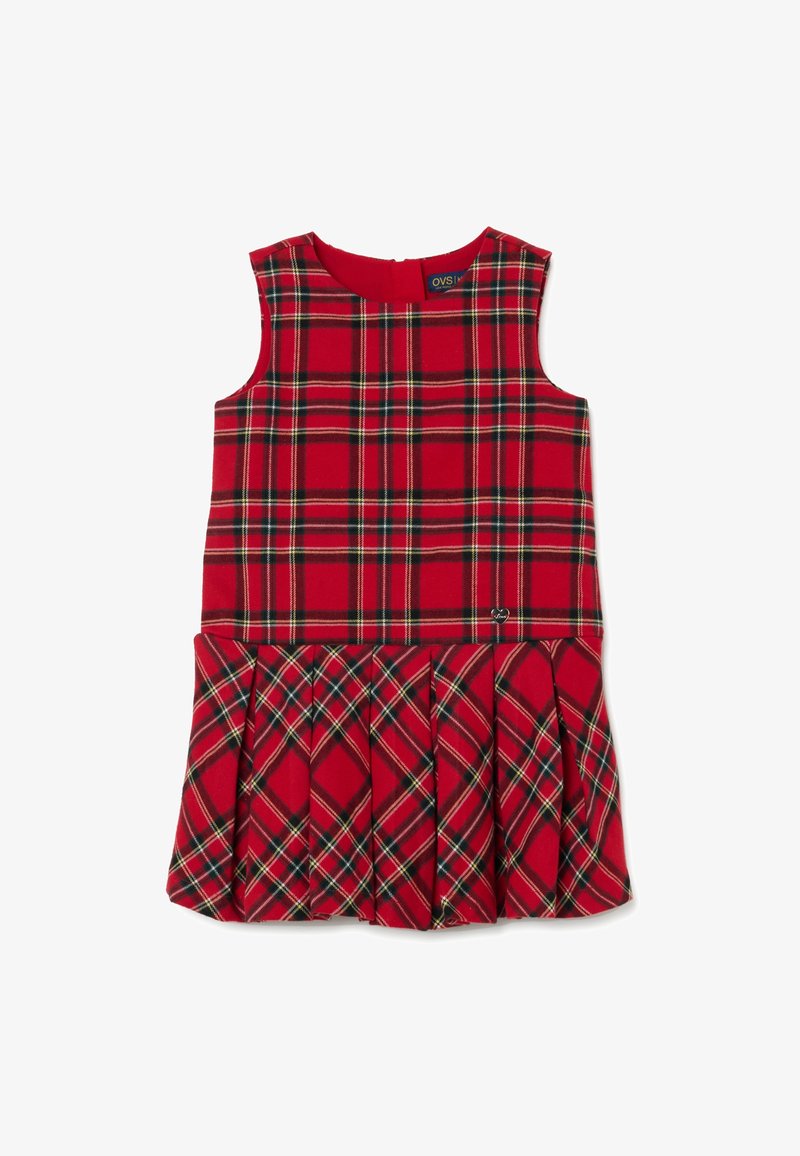Vestido a cuadros rojos con un diseño sin mangas y una falda plisada. La tela tiene una textura suave, acentuada con líneas amarillas y negras.