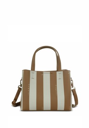 Brown and white vertical striped handbag with dual top handles and detachable shoulder strap, branded with "bugatti" text on stripes.