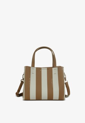 Brown and white vertical striped handbag with dual top handles and detachable shoulder strap, branded with "bugatti" text on stripes.