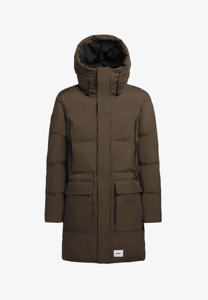 Brun foret parkacoat med stor hætte, der har to sidelommer og en frontlynlås. Textureret stof med mat finish.