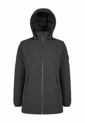 Giacca invernale nera con cappuccio isolato, dotata di zip frontale e due tasche laterali con zip, progettata per il freddo.