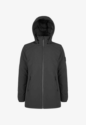 Giacca invernale nera con cappuccio isolato, dotata di zip frontale e due tasche laterali con zip, progettata per il freddo.