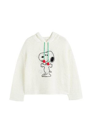Felpa con cappuccio bianca in maglia con grafica di cane dei cartoni animati sul davanti, con cordini verdi e pon pon rossi.