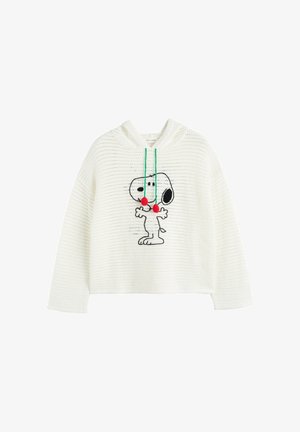 Felpa con cappuccio bianca in maglia con grafica di cane dei cartoni animati sul davanti, con cordini verdi e pon pon rossi.