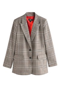 Grey plaid blazer with an orange lining, featuring a sharp collar, two buttons, and two front pockets, made from textured fabric.