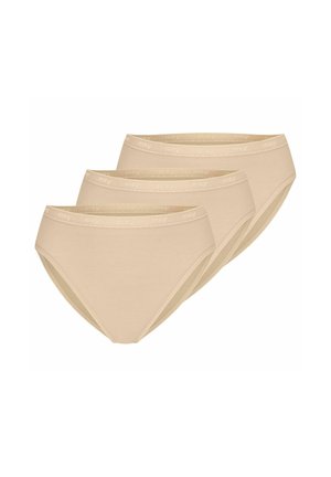 Three beige women’s briefs with visible elastic waistbands, displayed overlapping in a row on a white background.