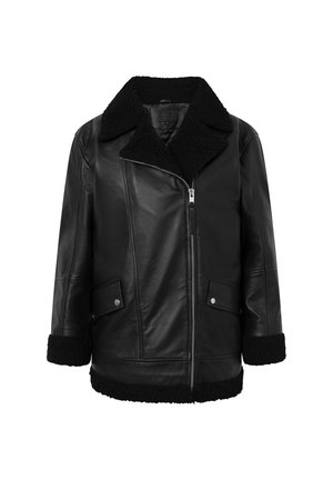 Schwarze Lederjacke mit einem weichen, schwarzen Kunstfellkragen und -manschetten; verfügt über einen Reißverschluss vorne, zwei vordere Taschen mit Druckknopfverschluss.