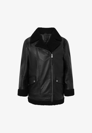 Czarna skórzana kurtka z miękkim czarnym kołnierzem i mankietami z sztucznego baranka; posiada zamek z przodu, dwa przednie kieszenie z zatrzaskami.