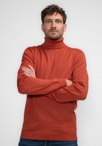 Rostfarbener Rollkragenpullover aus einem weichen, strukturierten Strick. Verfügt über lange Ärmel und gerippte Bündchen sowie eine leichte Taillierung.