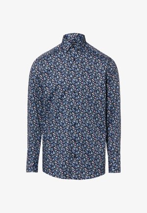 Camicia a maniche lunghe con sfondo blu scuro e un piccolo motivo floreale nei colori azzurro chiaro, rosa e crema; colletto classico e chiusura frontale con bottoni.