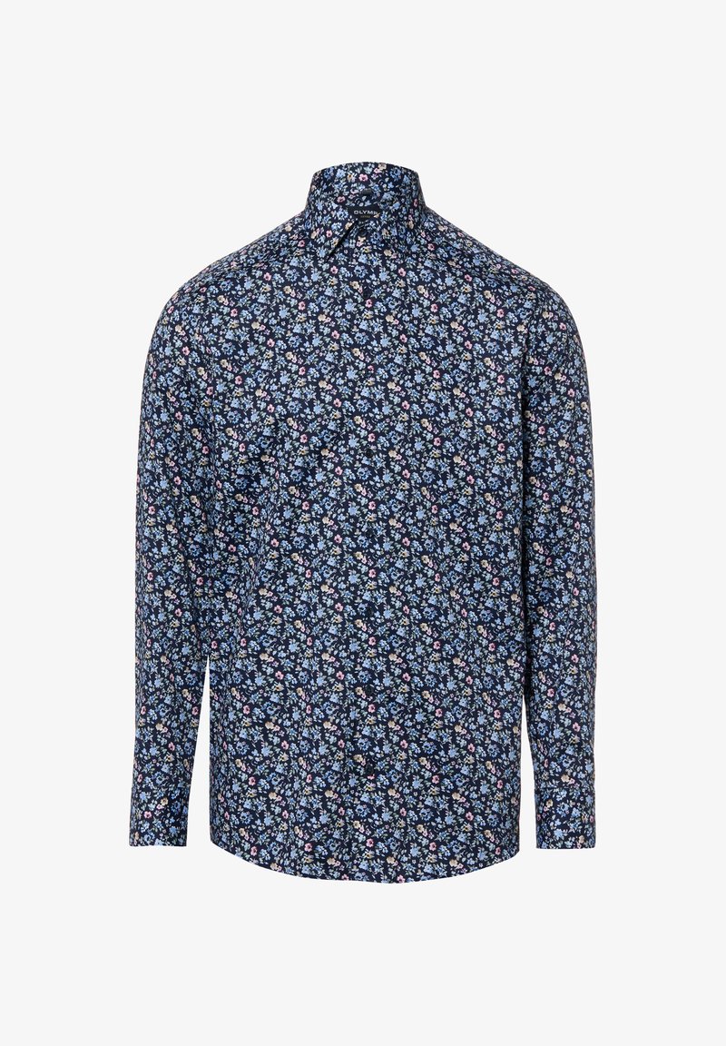 Langärmliges Hemd mit dunkelblauem Hintergrund und kleinem Blumenmuster in Hellblau, Pink und Creme; klassischer Kragen und Knopfleiste vorne.