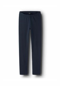 Leggings bleu marine en tissu extensible, dotés d'une taille élastique et d'une finition lisse et mate, sans motifs ni accents visibles.