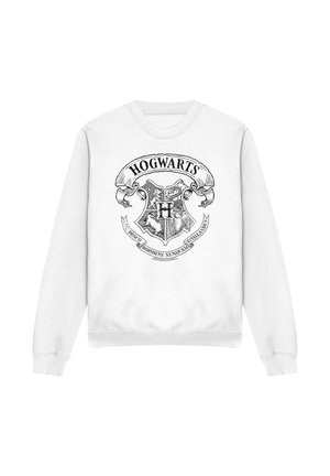 White sweatshirt with black Hogwarts crest and banner featuring a lion, snake, badger, and eagle symbols and a Latin motto below.