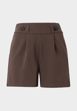 Brown shorts made of a textured fabric, featuring a high waist, pleats, and two black buttons on the front. Tailored design with side pockets.